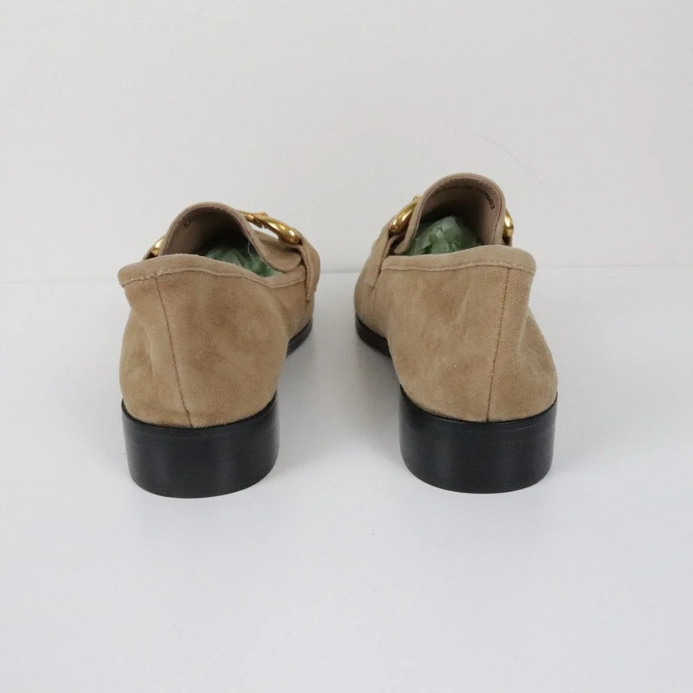 Anthropologie Bibi Lou Zagreb Suede Loafers 39 8 Tan Suede Horsebit Gold Buckle